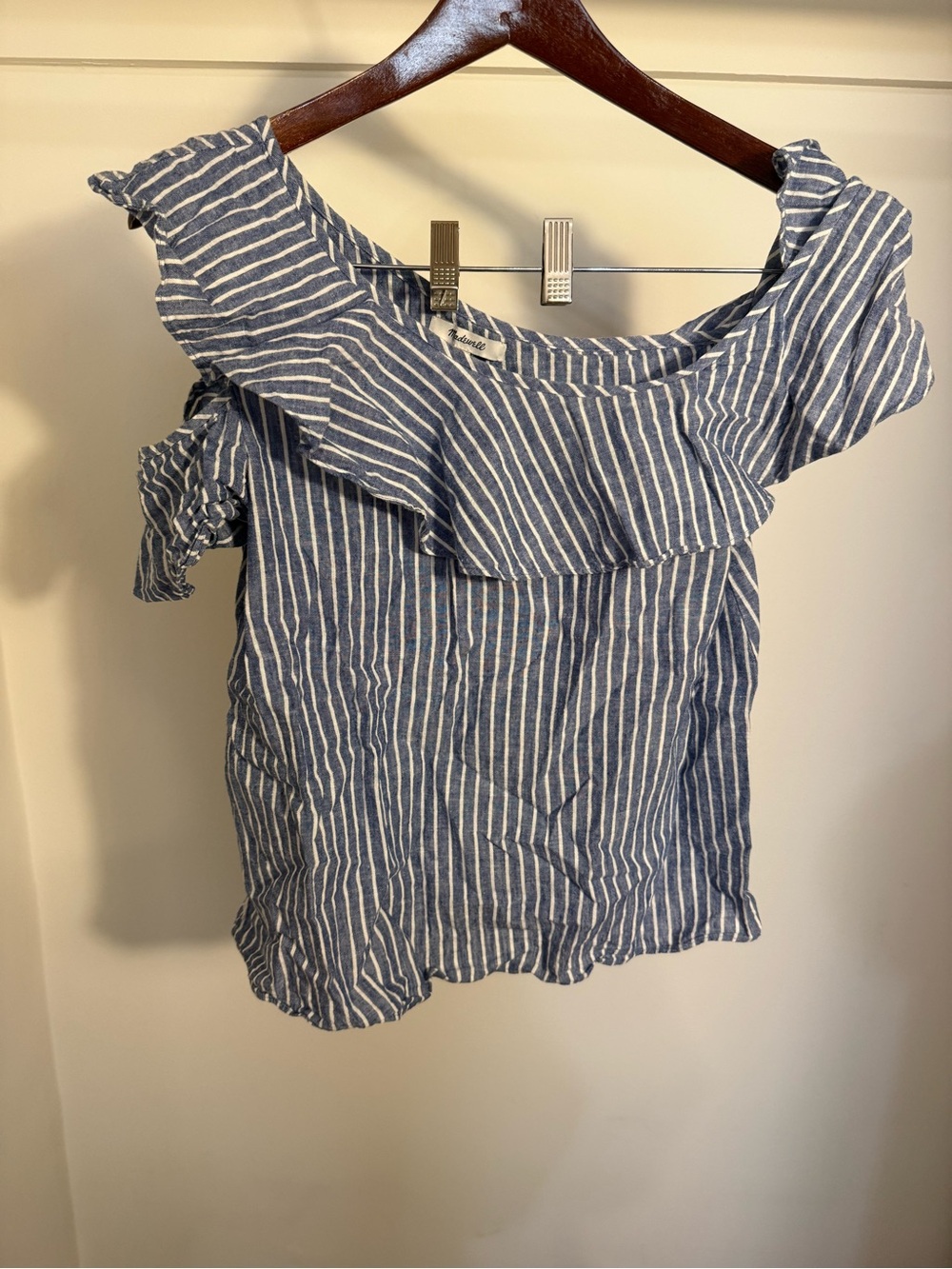 Madewell Blue and White Striped Off-Shoulder Ruffle Camisole